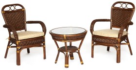 Комплект террасный ANDREA (стол кофейный со стеклом + 2 кресла + подушки)  Pecan Washed (античн. орех) 